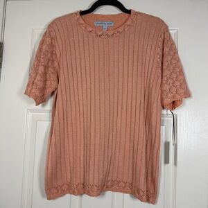 Samantha Grey Peach Ribbed Knit Top Crochet Detail Grannycore Cottagecore Size M